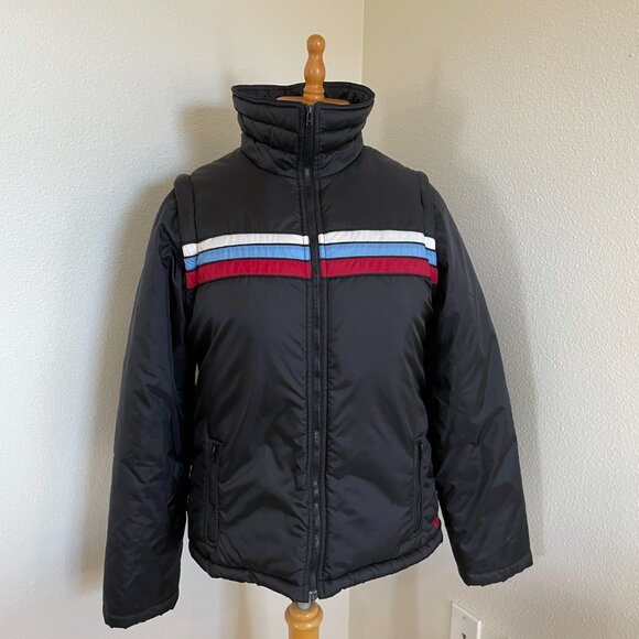 VTG Roxy Black Jacket/Vest White Blue Red Stripe Removable Sleeves L 90s Y2K - Picture 4 of 11